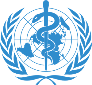 Image of the World Health Organization logo, which is light blue and includes a Rod of Asclepius in front of a globe, surrounded by a semi-circle of leaves.