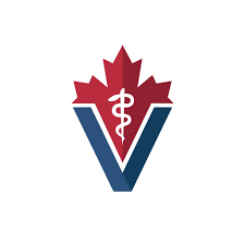 Image of the CVMA logo, which has a dark blue letter V, containing a red maple leaf and a white rod of asclepius.