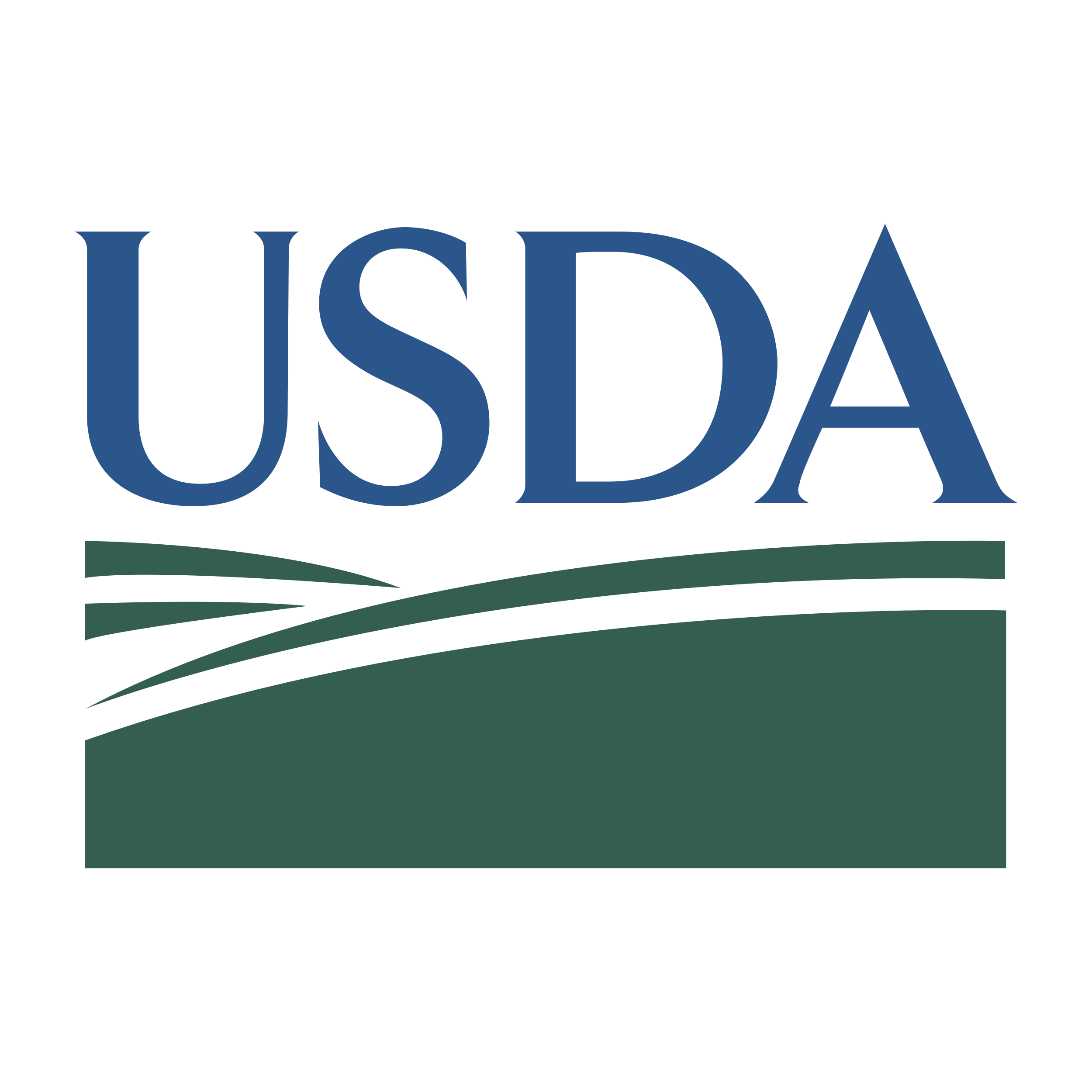 Image of the USDA logo, which is the acronym in dark blue text above dark green arches.